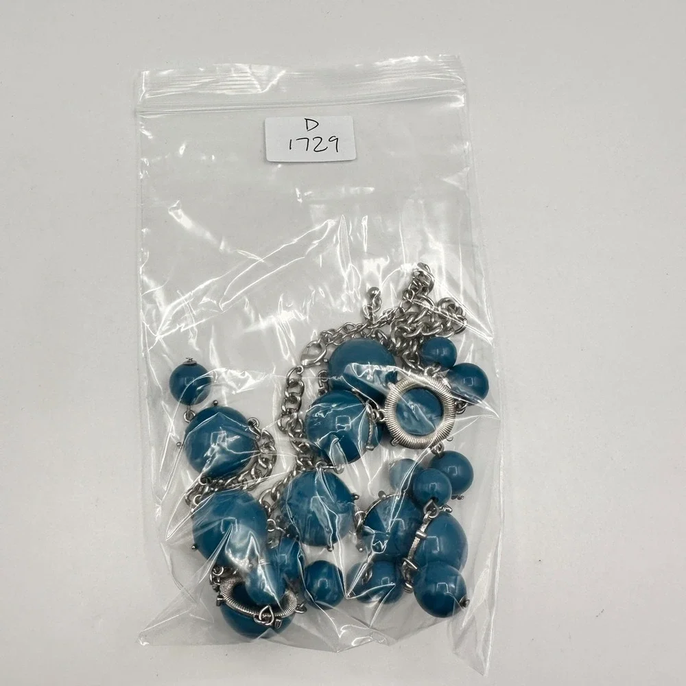 Vintage Y2K Blue Cabochon Beaded Bib Necklace Silver Tone Boho Jewelry